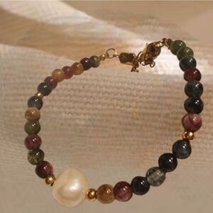 New ANTHRO 18k Gold, Tourmaline, Pearl, Gemstone Bracelet